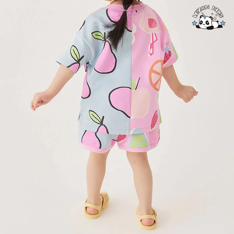 LEZONKIDS - 2024 Novo Conjunto de Roupas para Meninas Colorblock de Algodão Impresso Fashionável e Fofo
